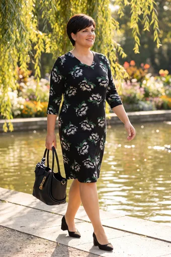 Черна рокля с бежови цветя